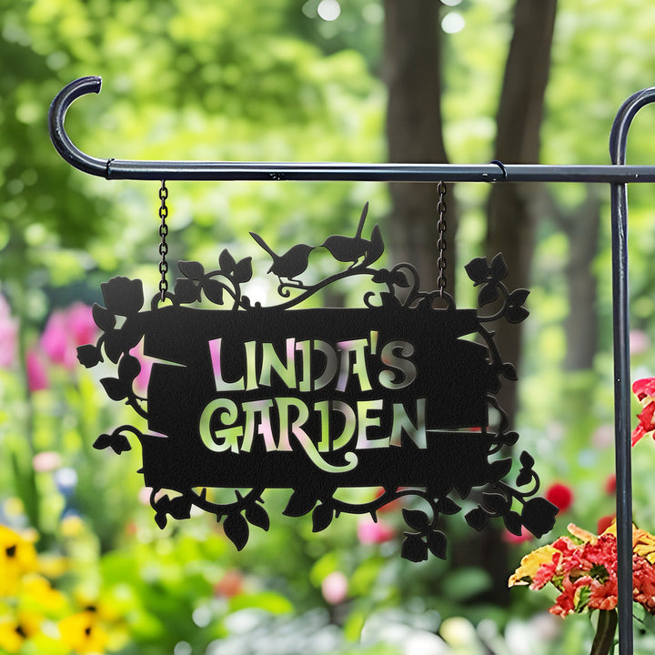 Custom Hanging Garden Sign, Personalized Garden Name Sign, Flower Bird Garden Plaque, Outdoor Garden Gift, Memorial Garden Sign, Metal Sign