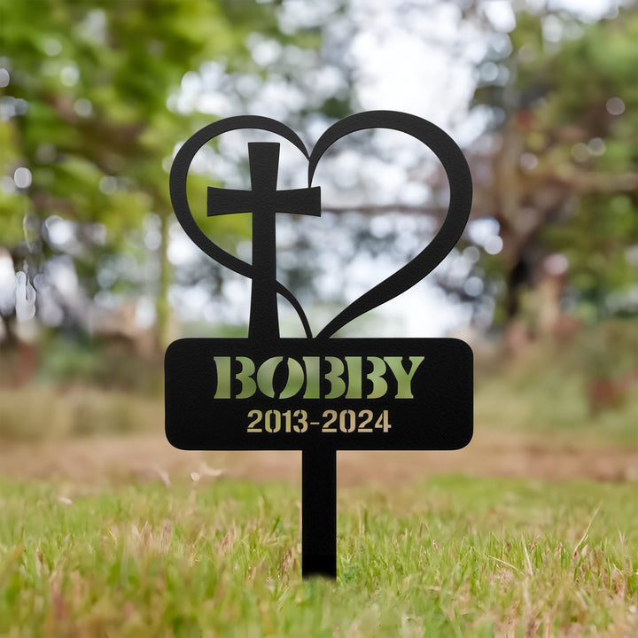 Custom Metal Heart with Cross Memorial Stake, Grave Marker, Personalized Cross Cemetery Stake, Loss Of Loved One Garden Stake, In memory of
