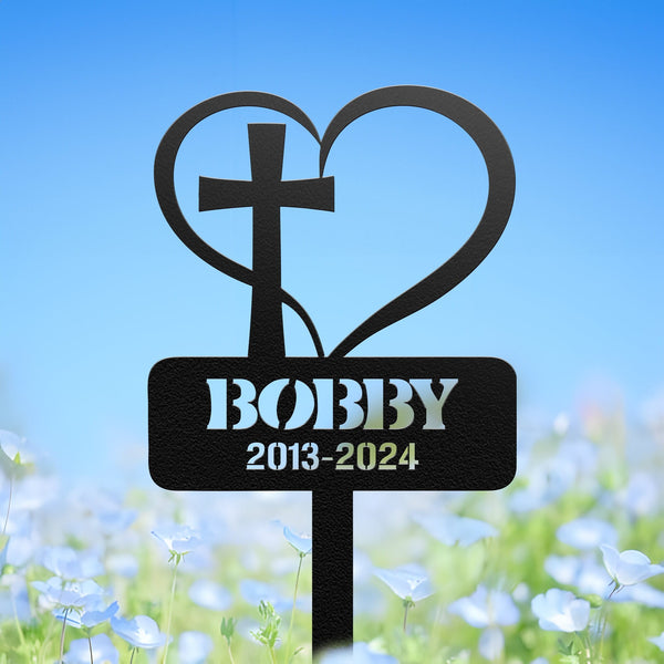 Custom Metal Heart with Cross Memorial Stake, Grave Marker, Personalized Cross Cemetery Stake, Loss Of Loved One Garden Stake, In memory of