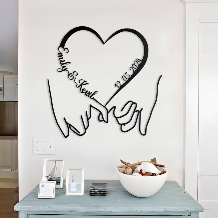 Personalized Wedding Gift for Couple, Wedding Date Sign, Hold Hand with Heart Metal Sign, Engagement Announcement Sign, Anniversary Gift