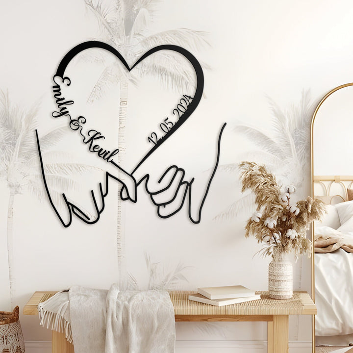 Personalized Wedding Gift for Couple, Wedding Date Sign, Hold Hand with Heart Metal Sign, Engagement Announcement Sign, Anniversary Gift