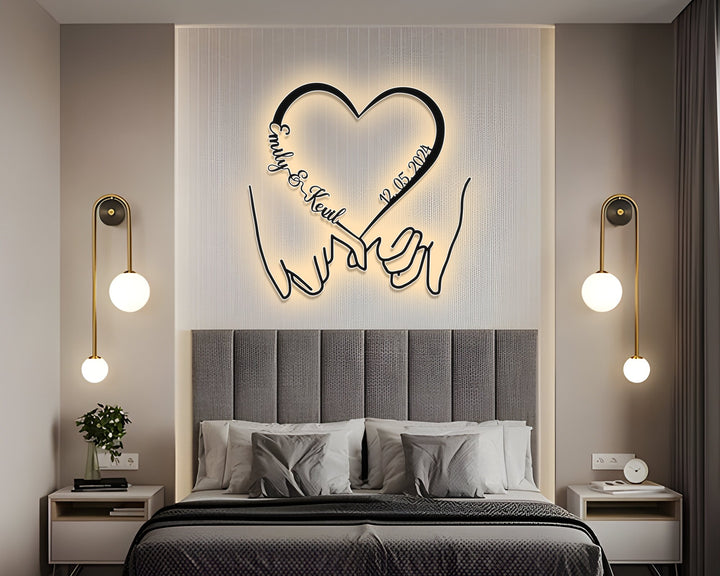 Personalized Wedding Gift for Couple, Wedding Date Sign, Hold Hand with Heart Metal Sign, Engagement Announcement Sign, Anniversary Gift