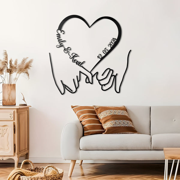 Personalized Wedding Gift for Couple, Wedding Date Sign, Hold Hand with Heart Metal Sign, Engagement Announcement Sign, Anniversary Gift
