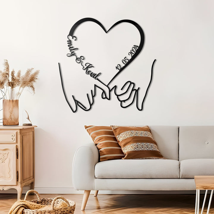 Personalized Wedding Gift for Couple, Wedding Date Sign, Hold Hand with Heart Metal Sign, Engagement Announcement Sign, Anniversary Gift