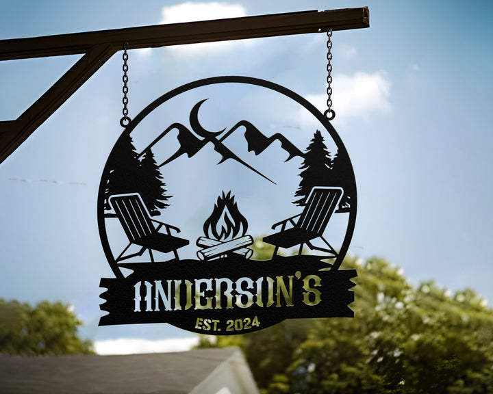 Customized Campfire Metal Sign, Family Name Camping Decor, Campers Yard Wall Art, Lake Scene Campsite Monogram, Firepit with Chairs Sign