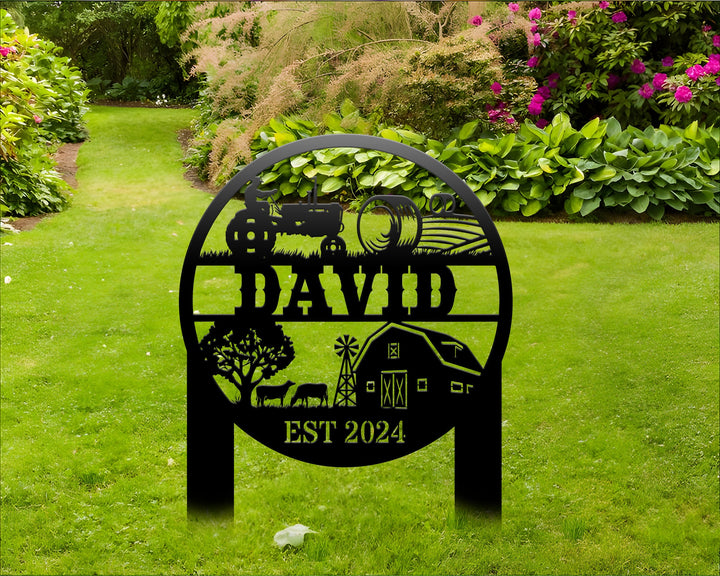 Custom Farm Sign Metal Yard Stake, Personalized Outdoor Gift, Lawn Decoration With Cows And Hay Field, Ranch Metal Sign, Farmhouse Decor