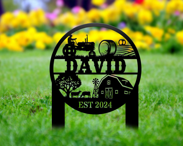 Custom Farm Sign Metal Yard Stake, Personalized Outdoor Gift, Lawn Decoration With Cows And Hay Field, Ranch Metal Sign, Farmhouse Decor