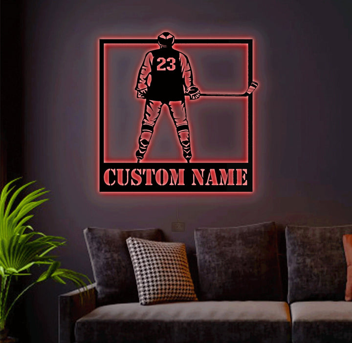 Custom Hockey Metal Wall Art With LED Light, Personalized Hockey Name Sign Decoration For Room, Hockey Metal Home Decor, Custom Hockey