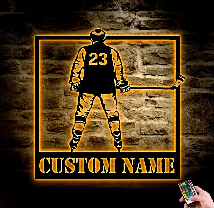 Custom Hockey Metal Wall Art With LED Light, Personalized Hockey Name Sign Decoration For Room, Hockey Metal Home Decor, Custom Hockey