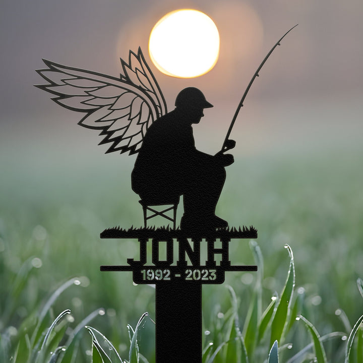 Personalized Fisherman With Wings Metal Stake, Loss Loved One, Sympathy Stake, Memorial Sign, Grave Marker, Fisherman Loss, Remembrance Sign