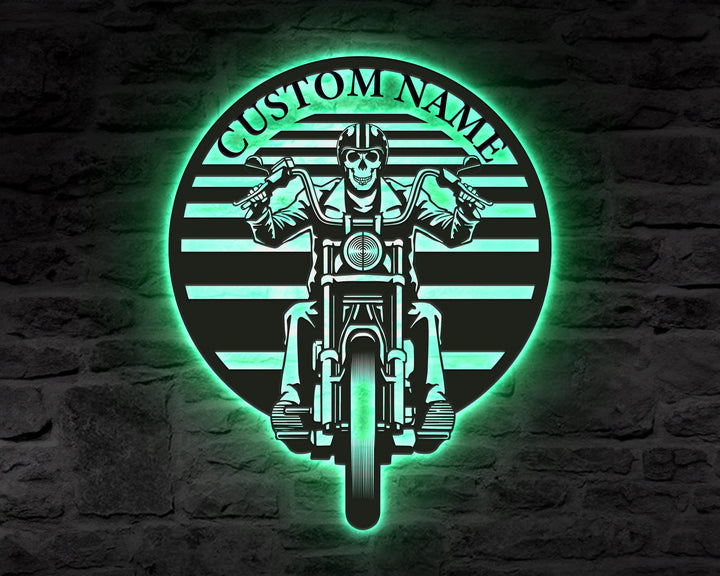 Led Light Metal Skull Motorcycle Sign, Motorbike Skull Motorcycle Metal Wall Art, Personalized Biker Name Sign, Gift For Biker
