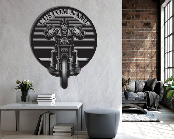 Led Light Metal Skull Motorcycle Sign, Motorbike Skull Motorcycle Metal Wall Art, Personalized Biker Name Sign, Gift For Biker