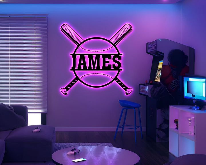Personalized Baseball Bat Metal Name Sign LED Light, Metal Wall Art Decor, American Softball Player Name Sign, Baseball Lover Gift