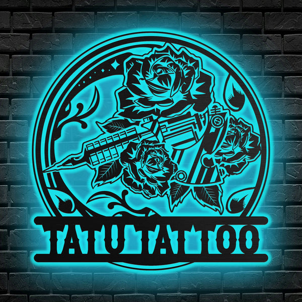 Personalized Tattoo Machine Metal Sign with LED Light, Tattoo Artist Gift, Tattoo Shop Decor, Tattoo Studio Wall Decor, Ink Studio Name Sign