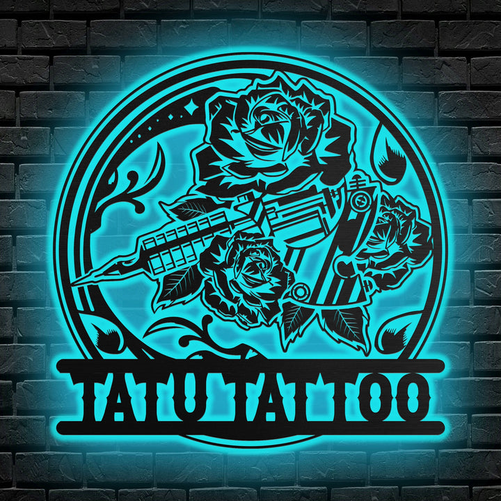 Personalized Tattoo Machine Metal Sign with LED Light, Tattoo Artist Gift, Tattoo Shop Decor, Tattoo Studio Wall Decor, Ink Studio Name Sign