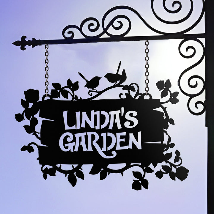 Custom Hanging Garden Sign, Personalized Garden Name Sign, Flower Bird Garden Plaque, Outdoor Garden Gift, Memorial Garden Sign, Metal Sign