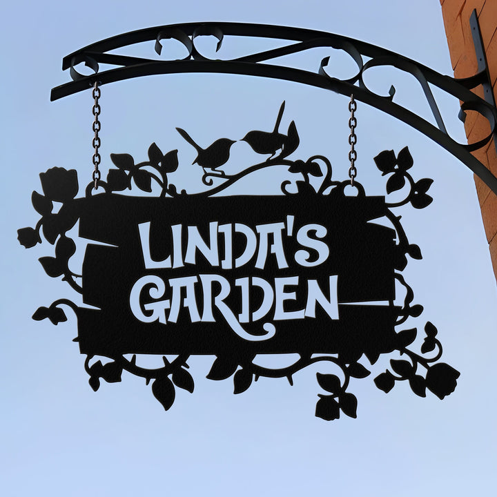 Custom Hanging Garden Sign, Personalized Garden Name Sign, Flower Bird Garden Plaque, Outdoor Garden Gift, Memorial Garden Sign, Metal Sign