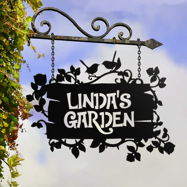 Custom Hanging Garden Sign, Personalized Garden Name Sign, Flower Bird Garden Plaque, Outdoor Garden Gift, Memorial Garden Sign, Metal Sign
