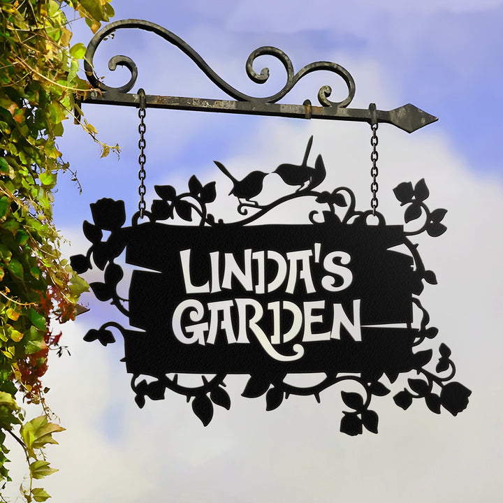 Custom Hanging Garden Sign, Personalized Garden Name Sign, Flower Bird Garden Plaque, Outdoor Garden Gift, Memorial Garden Sign, Metal Sign