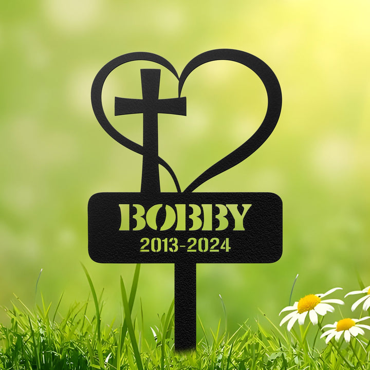 Custom Metal Heart with Cross Memorial Stake, Grave Marker, Personalized Cross Cemetery Stake, Loss Of Loved One Garden Stake, In memory of