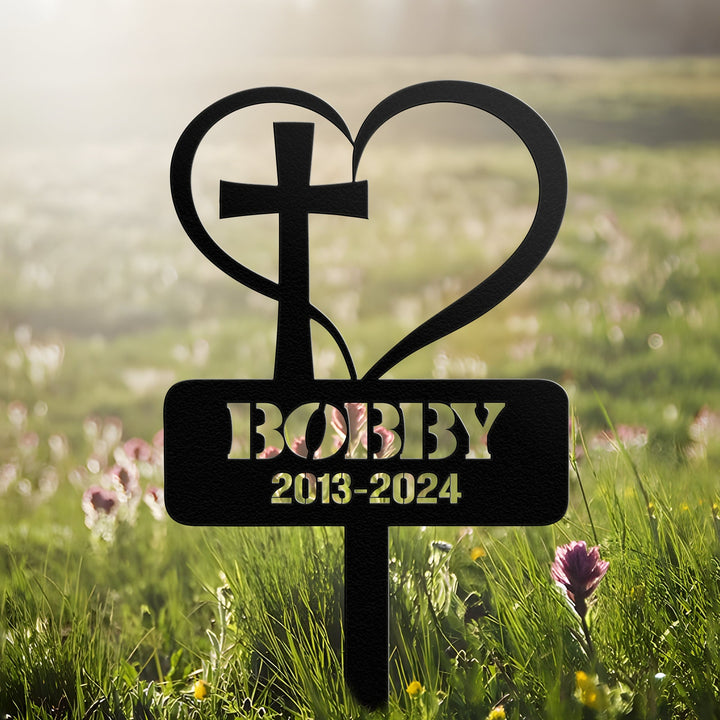 Custom Metal Heart with Cross Memorial Stake, Grave Marker, Personalized Cross Cemetery Stake, Loss Of Loved One Garden Stake, In memory of