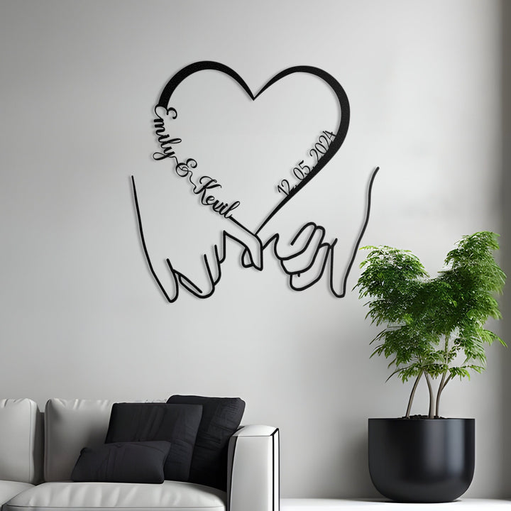 Personalized Wedding Gift for Couple, Wedding Date Sign, Hold Hand with Heart Metal Sign, Engagement Announcement Sign, Anniversary Gift