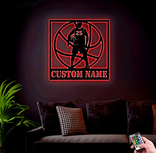Basketball Player Monogram Metal Wall Art With LED Lights , Personalized Basketball Metal Sign Art LED RGB, Basketball Neon Metal Wall Decor