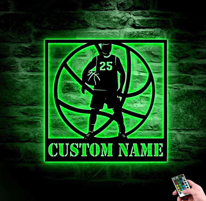 Basketball Player Monogram Metal Wall Art With LED Lights , Personalized Basketball Metal Sign Art LED RGB, Basketball Neon Metal Wall Decor