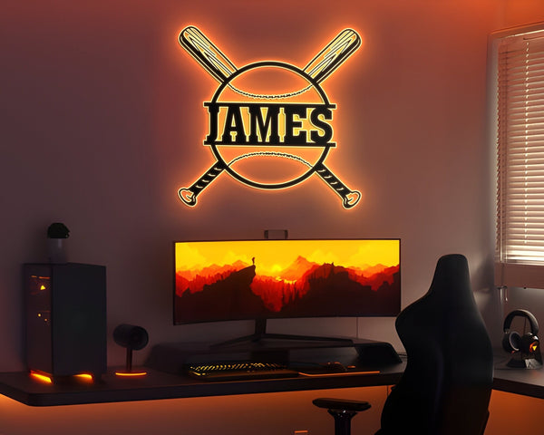 Personalized Baseball Bat Metal Name Sign LED Light, Metal Wall Art Decor, American Softball Player Name Sign, Baseball Lover Gift