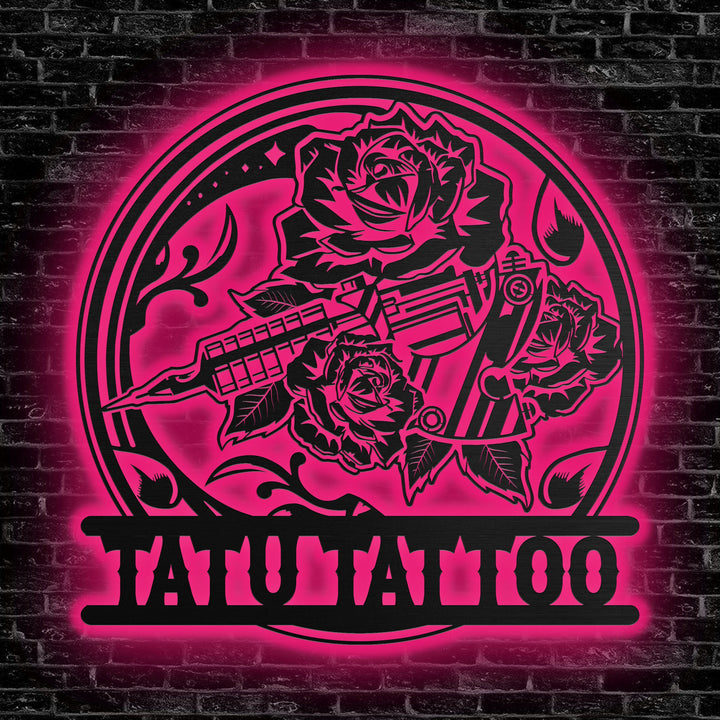 Personalized Tattoo Machine Metal Sign with LED Light, Tattoo Artist Gift, Tattoo Shop Decor, Tattoo Studio Wall Decor, Ink Studio Name Sign