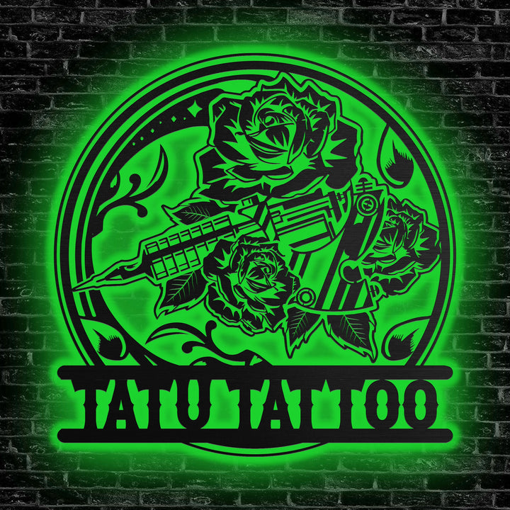 Personalized Tattoo Machine Metal Sign with LED Light, Tattoo Artist Gift, Tattoo Shop Decor, Tattoo Studio Wall Decor, Ink Studio Name Sign