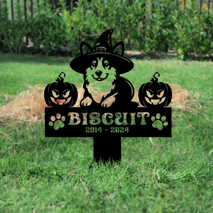 Halloween Personalized Dog Memorial Meal Sign, Pet Grave Marker, Remembrance Stake, Corgi Witch Hat Sign, Metal Stake, Welsh Corgi