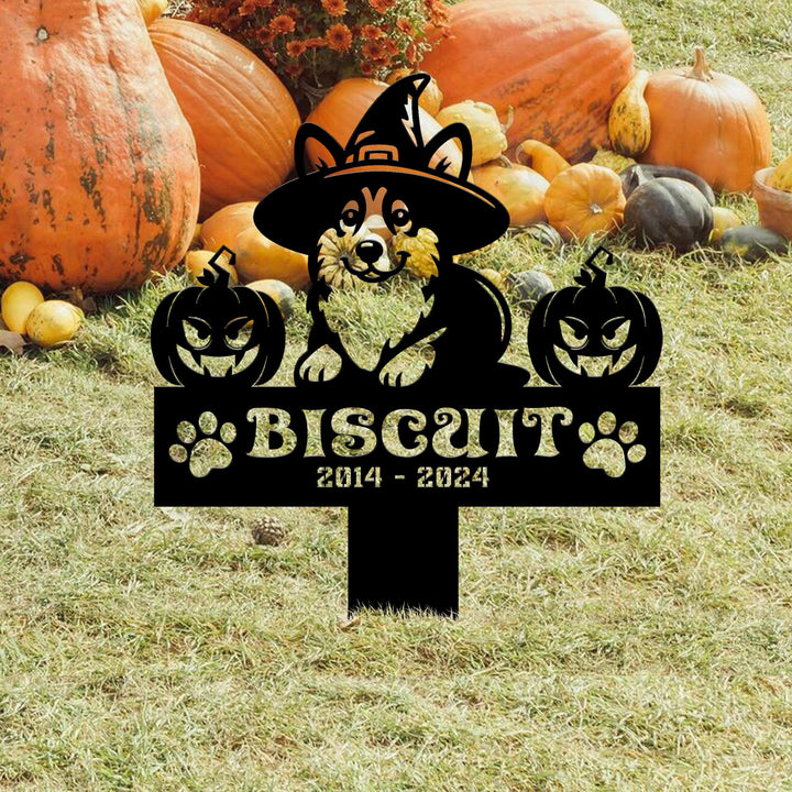 Halloween Personalized Dog Memorial Meal Sign, Pet Grave Marker, Remembrance Stake, Corgi Witch Hat Sign, Metal Stake, Welsh Corgi