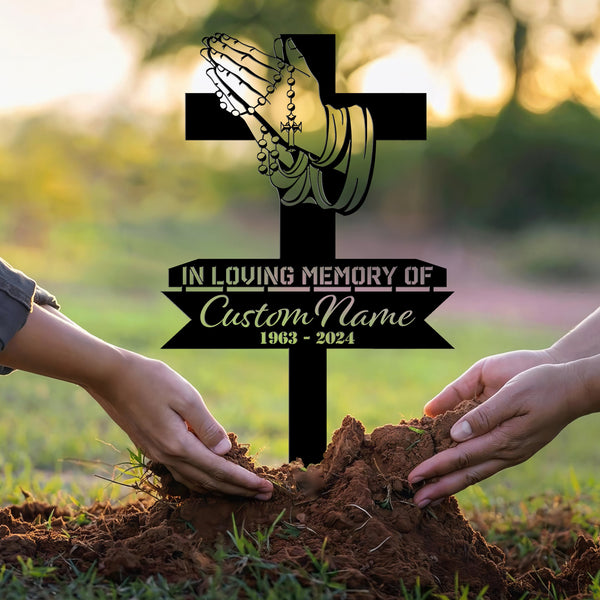 Personalized Cross With Praying Pand Memorial Stake, Dad Loss, Mom Loss, Religion Metal Stake, Sympathy Sign, Grave Marker,Remembrance Stake