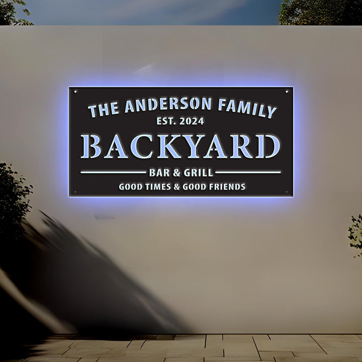 Personalized LED Light Backyard Sign Custom Bar & Grill Sign Metal Sign Bar Signs Home Decor, Custom BBQ Signs, Outdoor Kitchen Metal Signs