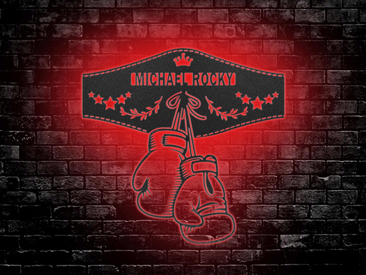 Custom Boxing Gloves Metal Wall Art with LED Light - Personalized King Boxer Belt Name Sign Home Decor - Ideal for Home Decor & Gift