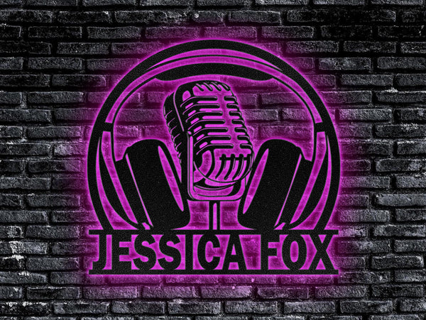 Custom Music Audio Studio Metal Wall Art LED Light | Personalized Microphone Headphones Name Sign | Home Decor Musical Musician Room