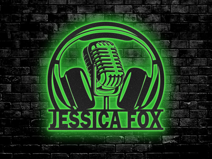 Custom Music Audio Studio Metal Wall Art LED Light | Personalized Microphone Headphones Name Sign | Home Decor Musical Musician Room