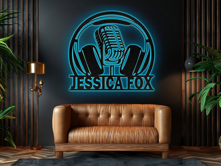 Custom Music Audio Studio Metal Wall Art LED Light | Personalized Microphone Headphones Name Sign | Home Decor Musical Musician Room