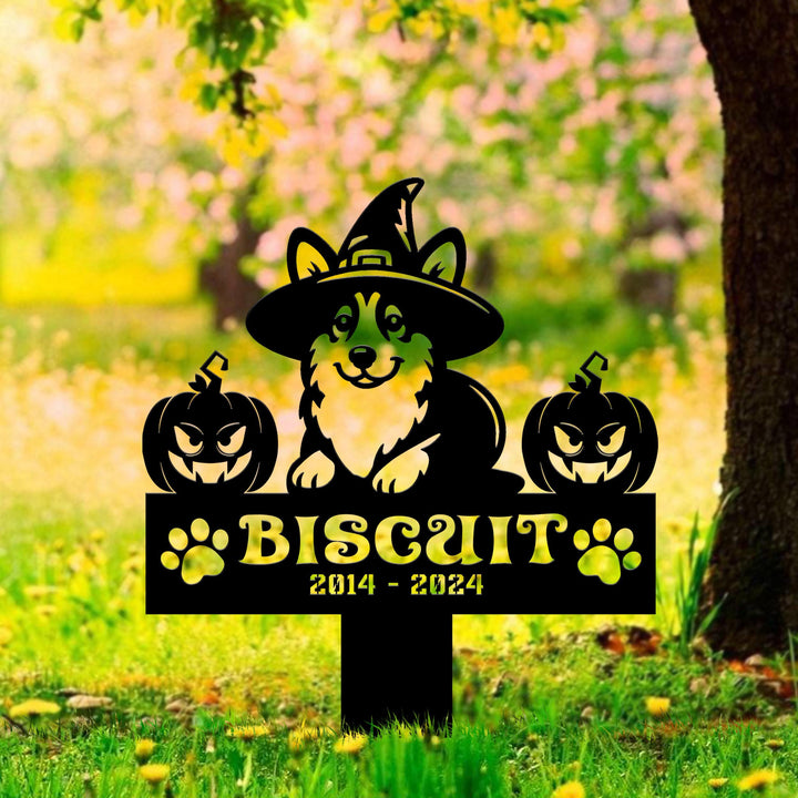 Halloween Personalized Dog Memorial Meal Sign, Pet Grave Marker, Remembrance Stake, Corgi Witch Hat Sign, Metal Stake, Welsh Corgi