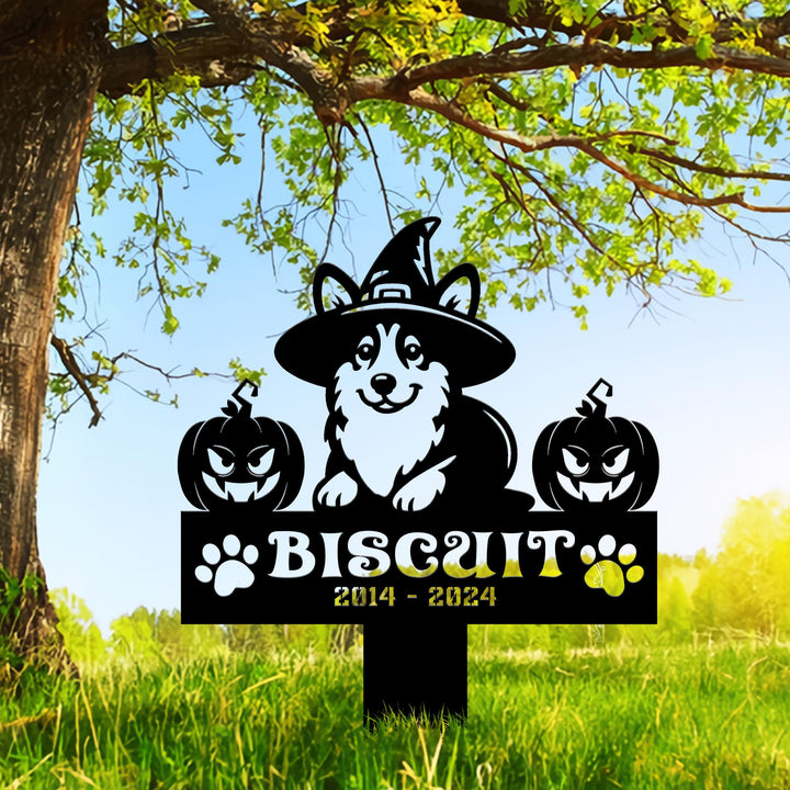 Halloween Personalized Dog Memorial Meal Sign, Pet Grave Marker, Remembrance Stake, Corgi Witch Hat Sign, Metal Stake, Welsh Corgi