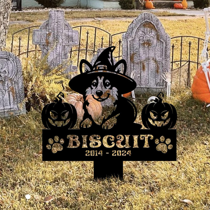 Halloween Personalized Dog Memorial Meal Sign, Pet Grave Marker, Remembrance Stake, Corgi Witch Hat Sign, Metal Stake, Welsh Corgi