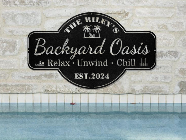 Personalized Backyard Pool Metal Sign,Outdoor Wall Decor,Pool Signs for Outdoor Personalized,Custom Backyard Oasis Sign Patio Decor, Gift