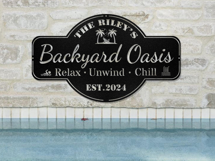 Personalized Backyard Pool Metal Sign,Outdoor Wall Decor,Pool Signs for Outdoor Personalized,Custom Backyard Oasis Sign Patio Decor, Gift