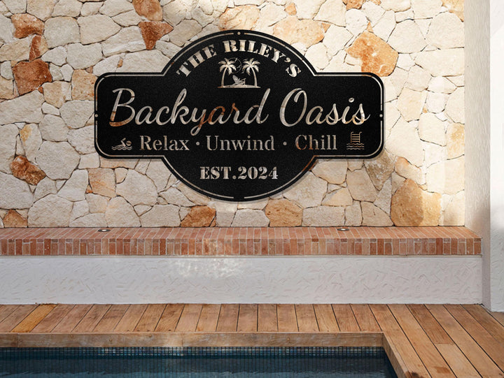 Personalized Backyard Pool Metal Sign,Outdoor Wall Decor,Pool Signs for Outdoor Personalized,Custom Backyard Oasis Sign Patio Decor, Gift