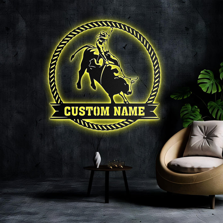 Custom Bull Rider Metal Wall Art LED Light Personalized Rodeo Name Sign Home Decor Cowboy Riding Bull Decoration Birthday Dad Gift