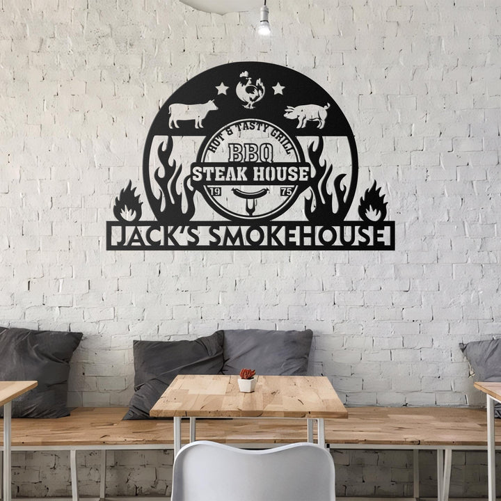 Custom BBQ Metal Sign, Personalized BBQ Name Sign, Smokehouse Metal Sign, Barbecue Metal Sign, Patio Metal Sign, BBQ Decor, Family Gifts
