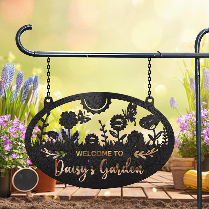Custom Hanging Garden Metal Sign, Personalized Floral Garden Name Sign, Beautiful Garden Plaque, Outdoor Garden Gift, Gift For Mom