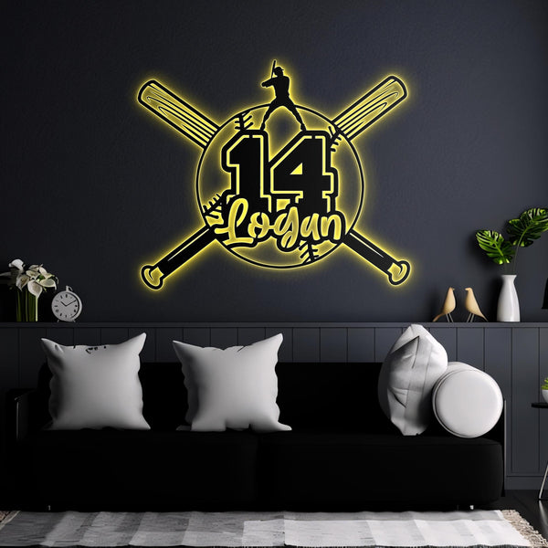 Custom Baseball Metal Wall Art LED Light Personalized Softball Player Name Sign Home Decor Kid Nursery Decoration Birthday Xmas Gifts