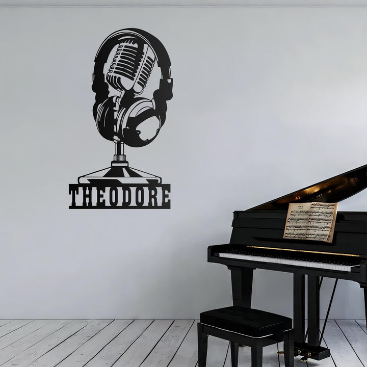 Custom Music Audio Studio Metal Wall Art LED Light Personalized Microphone Headphones Name Sign Home Decor Musical Musician Room Decoration